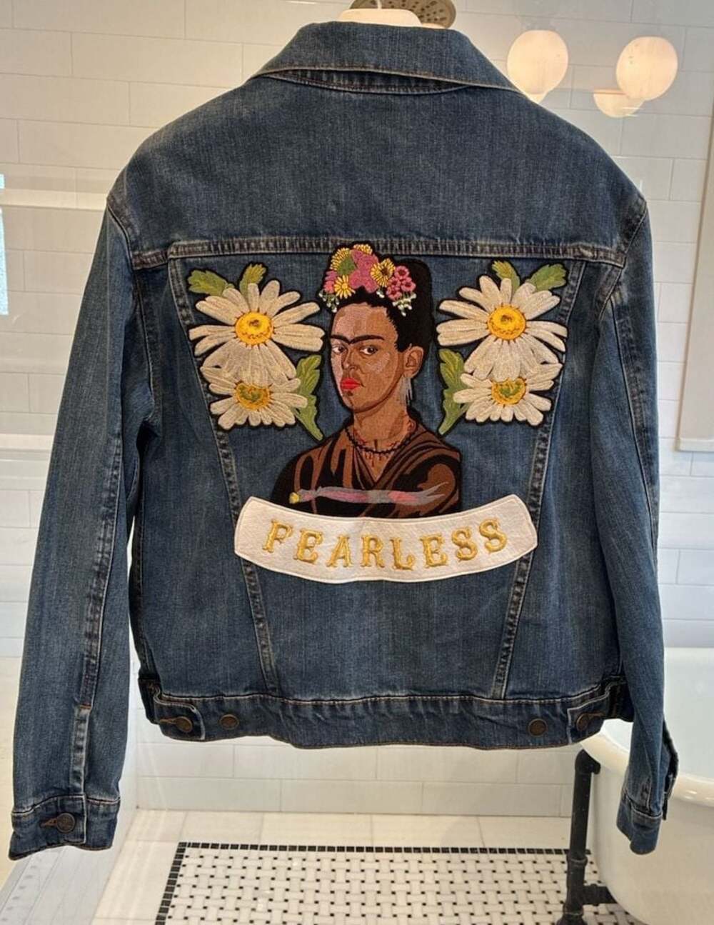 Denim & Bone Frida Fearless Embroidered Denim Jacket Size Small